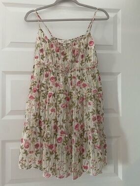 Women’s Floral Babydoll Tiered Mini Dress in Pink and Cream - Large